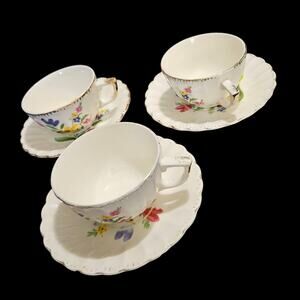 Sebring Pottery Laguna Cups & Saucers Set of 3 Floral 22K Gold Trim USA Vintage